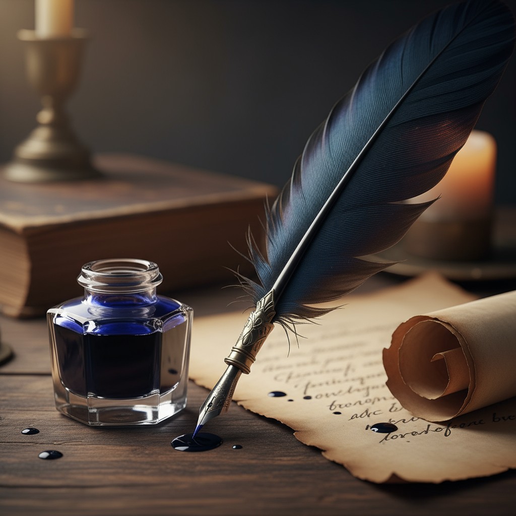 An antique feather quill lying on a scroll with old, torn paper reading "$" in ink with a vintage inkwell. there is also i...