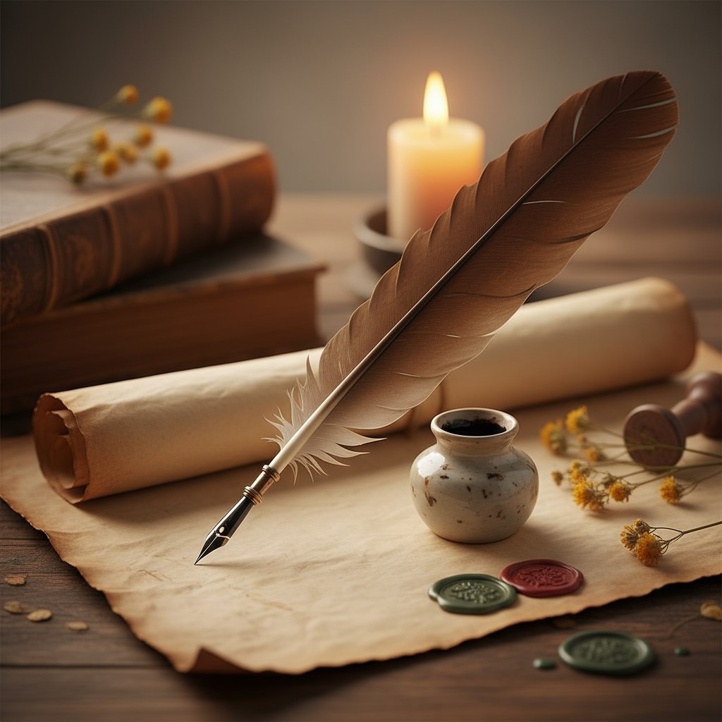 A quill pen lies on a scroll of aged parchment, surrounded by sprigs of tiny flowers, a round white vase, and a wax seal s...
