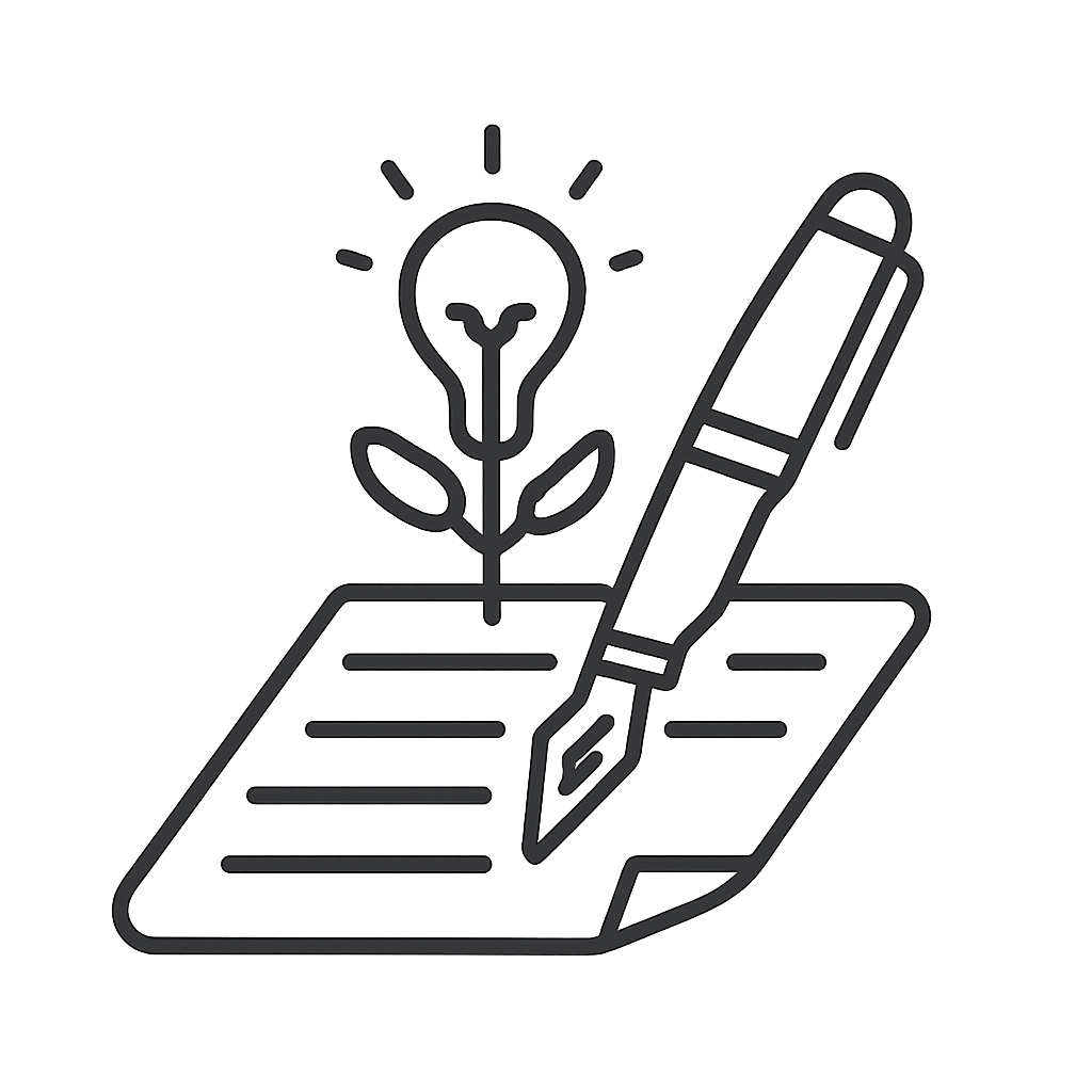 A lightbulb is on the top of an open book, with a pen writing on its pages.